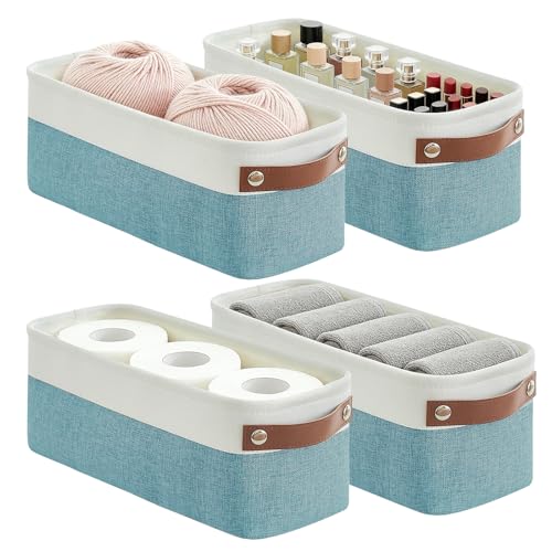 Bagnizer Small Fabric Storage Baskets, 15x6x5 inch Narrow Storage Bins 4-Pack Long Storage Basket for Organizing with Handles, Decorative Basket for Closets, Shelves, Toilet Paper, Teal - color: Teal / Off-White, size: Narrow-15"x6"x5"