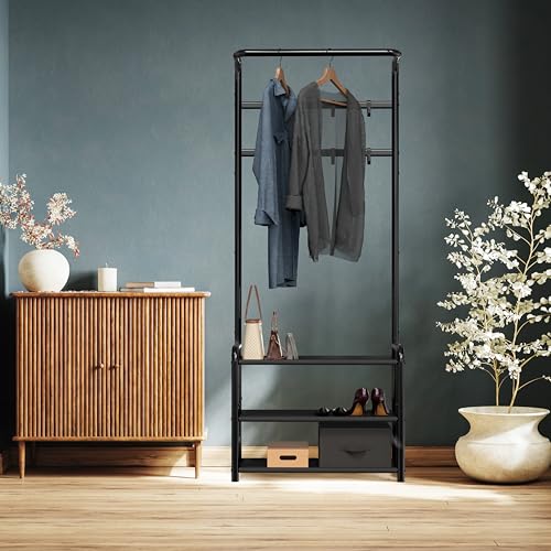 Simple Houseware Coat Rack with Storage Shelf, Freestanding Hall Tree with Hooks for Entryway, Bedroom, Office, Black Metal Clothes Hanger Stand for Coats, Hats, Jackets, Bags - Black - color: Black