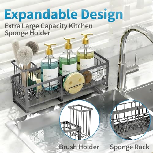 Aurblozen Extra Large Extendable Sponge Holder for Kitchen Sink, Rustproof Sink Caddy Organizer with High Brush Holder, Dish Soap Dispenser Organizers and Storage (Gray) - color: Gray