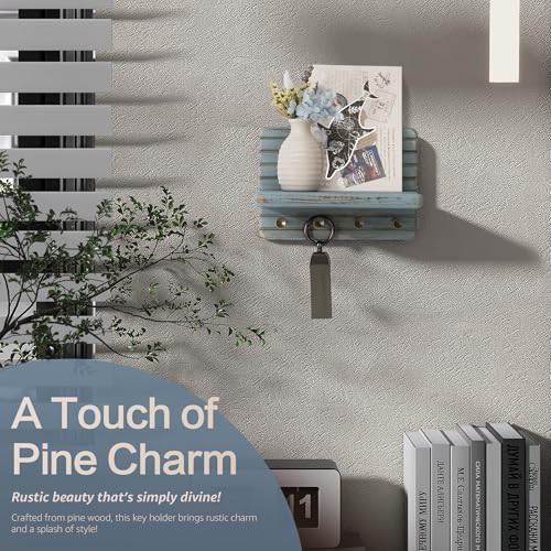 Rebee Vision Pine Wood Key Holder Wall Mount – Decorative 7-inch Key Holder for Wall with Wooden Shelf & Sturdy Hooks – Home Accessories for Mail Organizer (Blue) - color: Blue, size: Small-7inch