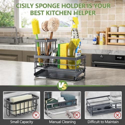 Cisily Sink Caddy Sponge Holder for Kitchen with Brush Holder and Stainless Steel Self Drain Tray, Rustproof Kitchen Sink Organizer for Sponge, Soap Dispenser Storage Accessories (Gray) - color: Gray