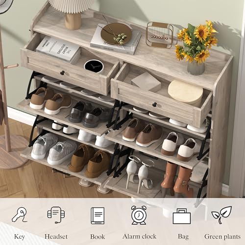 Thacuok Shoe Cabinet with 4 Flip Drawers & 2 Storage Drawers, Rustic Farmhouse Narrow Shoe Organizer Cabinet, Slim Shoe Rack Cabinet, Shoe Storage Cabinet for Entryway, Hallway, Front Door - color: Grey, size: 4 Drawers