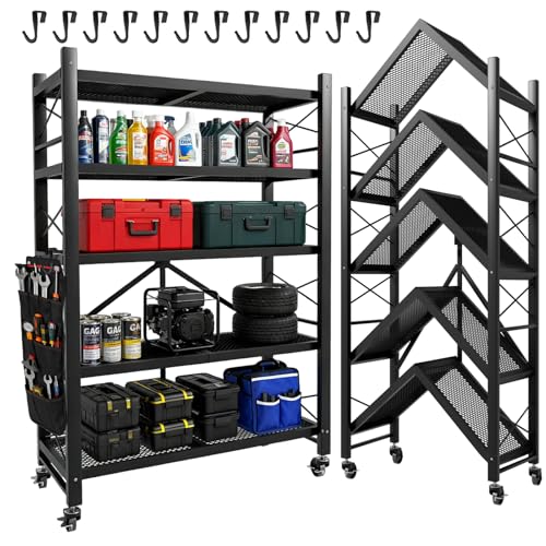 5-Tier Folding Storage Shelves, Heavy Duty Garage Shelving Unit, Adjustable Metal Standing Storage Rack Shelf, No Assembly Wire Shelving Organizer with Wheels for Kitchen Pantry Warehouse - size: 5-Tier