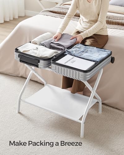 SONGMICS Luggage Racks, Set of 2, Suitcase Stand with Fabric Storage Shelf, for Guest Room, Bedroom, Hotel, Foldable, Holds up to 110 lb, 27.2 x 15 x 20.5 Inches, Cloud White RLR002W02 - color: Cloud White, style: with Shelf