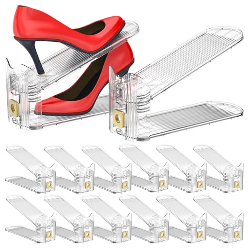 Shoe Slots Organizer,Adjustable Shoe Stackers,12 Pack Shoe Space Savers,Shoe Storage Holder for Closet,Transparent - size: 12 Pack