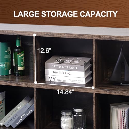 8 Cube Storage Organizer Bookshelf, Industrial Horizontal Bookcase, Accent Cubby Shelf, Media Console Table for Living Room, Home Office, 13.6" D x 63" W x 30.9" H, Dark Grey Oak - color: Dark Grey Oak, size: 8 Cube- 2 Tier