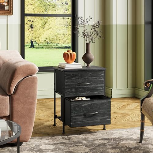 WLIVE Night Stand Set 2, Nightstand with 2 Fabric Drawers, Small Dresser for Bedroom, Bedside Table for Small Spaces, Dorm, Charcoal Black Wood Grain Print - color: Charcoal Black (Set of 2), size: 11.8"D x 15.7"W x 20.9"H