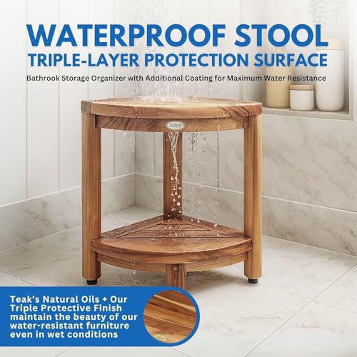 EcoDecors Fully Assembled SnazzyCorner® 18" Teak Shower Bench, Corner Shower Stool, w Shelf in Earthy Teak Finish, Compact Fit for Small Bathrooms & Walk-in Showers – Slip-Resistant Feet, Sauna Bench - size: 2 tier Fully Assembled
