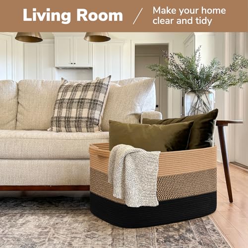 Goodpick Large Blanket Basket 22" x 17" x 12" Wicker Laundry Baskets for Organizing, Decorative Woven Rope Basket for Living Room Bedroom, Rectangle Toy Storage Baskets for Kids - color: Gradient Black, size: 22"L x 17"W x 12"H