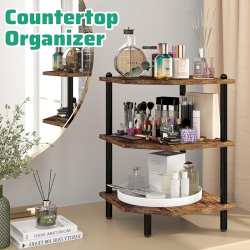 Desktop Corner Stand Shelf for Storage, 3 Tier Corner Shelf Organizer, Rustic Brown Rack for Small Spaces, Bedroom, Home Office, Kitchen, Bathroom - color: Rustic Brown