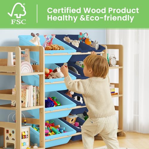 EXPERLAM Extra Large Toy Storage - Toy Storage Organizer, Wooden Toy Organizer with 6 Side Shelves and 12 Bins, 3-in-1 Bookshelf for Kids Rooms, Bedroom, Playroom, Nursery, Blue - color: Blue, size: 52 inches (L) x 11 inches (W) x 31.5 inches (H)