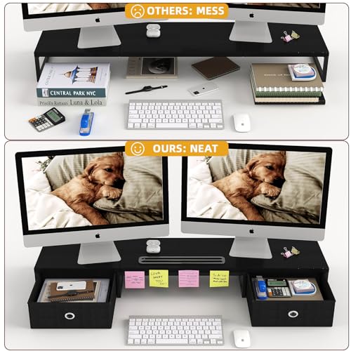 39 Inch Dual Monitor Stand Riser with 2 Drawers - Large Black Wooden Computer Stand for 2 Monitors, Ergonomic Desk Organizer with Phone Holder, Desktop Storage for Laptop, Office Supplies, Home Office - color: Black