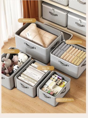Foldable Storage Containers, Beige Striped Fabric Boxes with Lids, Stackable Closet Organizer Bins for Bedroom, Clothing Storage (Yellow, M) - color: Yellow, size: M