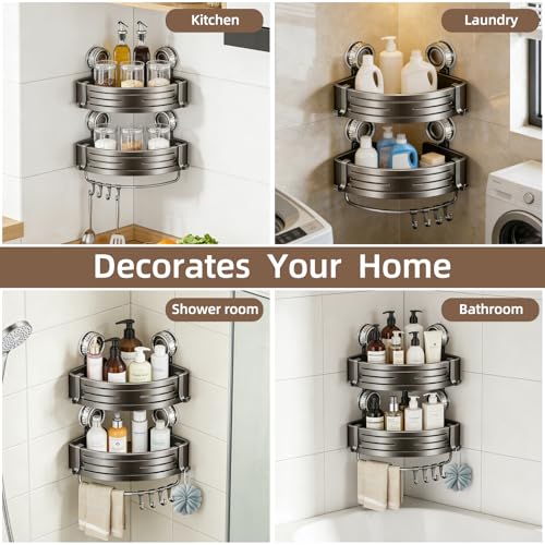 Corner Shower Caddy,Suction Cup Shower Bathroom Wall Shelf,No Drill Rust Proof Aluminum Organizer with Hooks,Floating Rack for Inside (Suction Cup Corner Shower Caddy,2 Tier,Gray) - style: Suction Cup Corner Shower Caddy ,2 Tier ,Gray