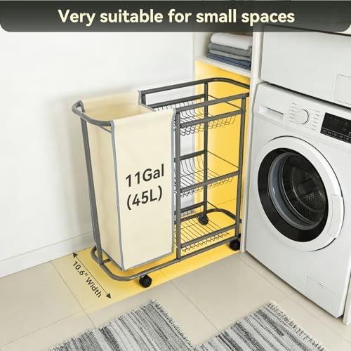 Narrow Laundry Cart with Wheels,3 Baskets and 45L Laundry Bag Metal Rolling Cart for Small Space,Laundry Room Organization and Storage for Bathroom Living Room Apartment Dorm