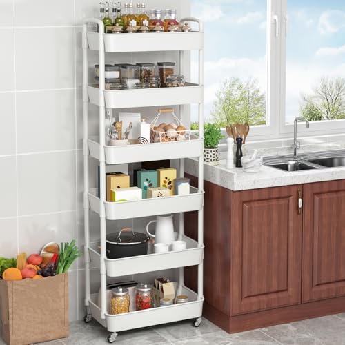 Sywhitta 6-Tier Plastic Rolling Utility Cart with Handle, Multi-Functional Storage Trolley for Office, Living Room, Kitchen, Movable Storage Organizer with Wheels, White - color: White, size: 6-tier