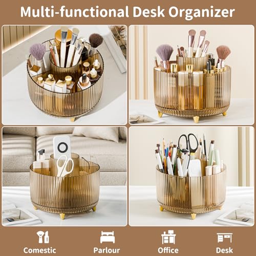Clear Rotating Makeup Organizer Countertop for Vanity, 360° Makeup Brush Holder Organizer with 5 Compartments, Transparent Cosmetic Storage for Lipstick, Skincare, Bathroom Counter (Transparent Amber) - color: Transparent Amber