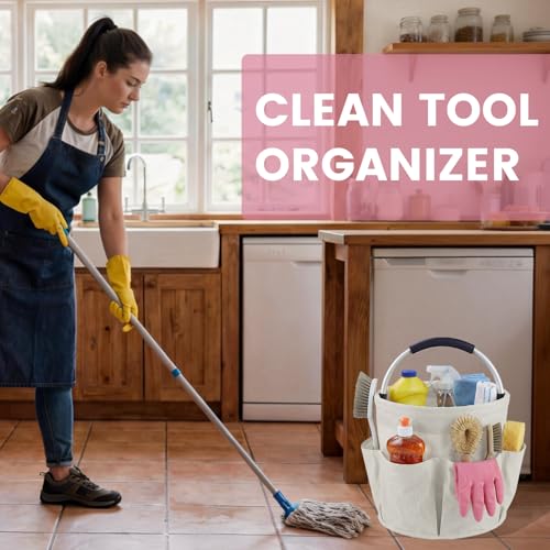 Cleaning Caddy with Handle and 6 Pockets, 17L Cleaning Supplies Organizer, 600D Oxford Fabric Storage Basket, Multifunctional Bucket Bag for Picnics, Camping, Gardening, Bathing (Off-White) - color: Off-white