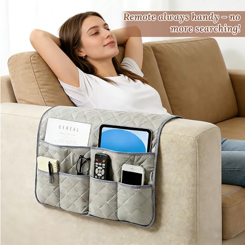 Sofa Armrest Organizer with 6 Pockets, Remote Control Holder for Recliner, Non-Slip Couch Chair Armrest Caddy Bedside Storage for Magazine Book TV Phone iPad Tablet, Grey - color: Option 1
