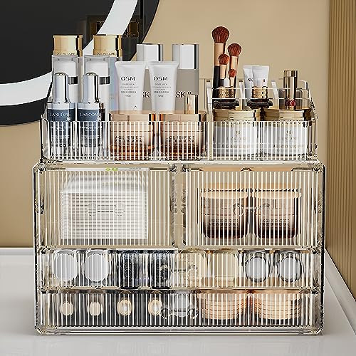 ZHIAI Stackable Storage Drawers, Acrylic Bathroom Counter Organizer Clear Makeup Organizers for Vanity, Kitchen Cabinets, Bathroom, Undersink, Home Organization and Storage (1 Top 4 Drawers D) - color: (2 Base, 2 Drawers) with Top