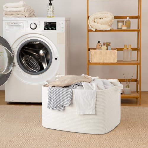 65L Cotton Rope Large Blanket Basket (19.7"x15.7"x11.8") for Living Room, Kids Room & Laundry, Storage Basket with Handle for Organizing Blankets, Pillows, Clothes & Toys, White - color: White, size: 19.7"x15.7"x11.8"