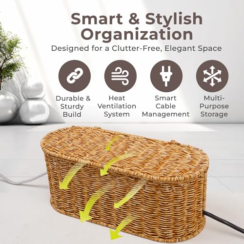 Cable Management Box, Handmade Rattan Cable Organizer, 2 Open Slots Cords Hider Box, Under Desk Cord Organizer for Computer Router USB Hub & Power Strip, Patent Pending, 15.9" x 6.5" x 6.5", Natural - color: Natural, style: Oval