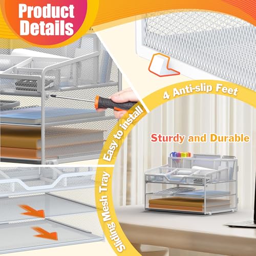 Docnest 3 Tier Mesh Desk Organizer for Paper Office Supplies – Multi-Functional Letter Tray with 5 Adjustable Compartments, 3 Pen Holders, Desktop Storage for Files, Mail, Stationery – White - color: White, size: 12.7" x 9.1" x 8.6"