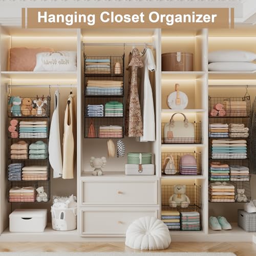 5 Tier Extra Large Closet Hanging Organizer with 5 Dividers,16.5"L x 11.8"W x 51.4"H Closet Organizers and Storage with 5 S Hooks,Clothes Organizer for Sweaters Clutches Handbags Hats Accessories - color: Black, size: 5-Tier