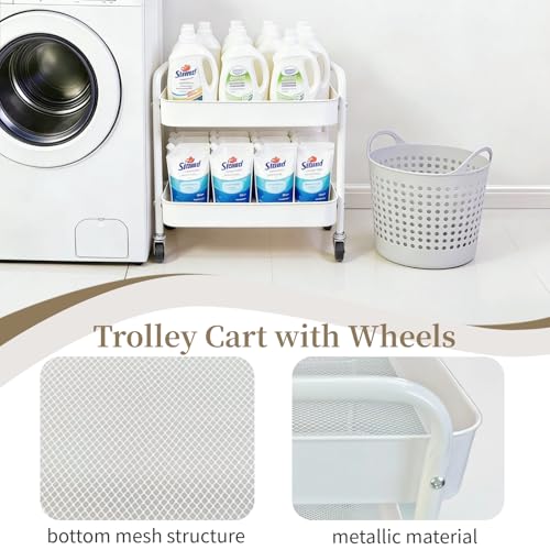 2 Tier Metal Rolling Cart with Wheels for Under Desk Storage & Pantry Storage, High Load-Bearing Kitchen Utility Cart for Small Space, Laundry Room Organization Side Table with 4 Hooks, White - color: White, size: 2-tier