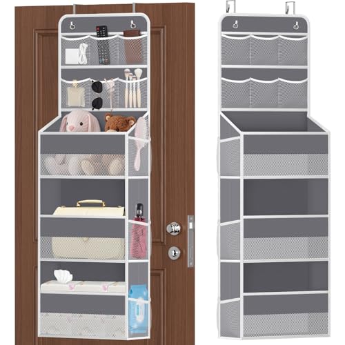 SpaceHacks 5-Tier Over the Door Organizer with Mesh Pockets, Baby Nursery Storage for Closet, Bathroom and Bedroom, Adjustable Hanging Closet Organizer for Cosmetics, Books and Essentials (Dark Grey) - color: Dark Grey, size: 5-Tier