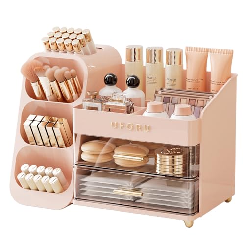Makeup Organizer for Vanity with Brush Holder, Large Plastic Bathroom Countertop Skincare Organizer with 2 Drawers, Spacious Cosmetic Display Case for Perfumes, Eyeshadow Palettes, Nail Polishes - color: Pink, size: Large