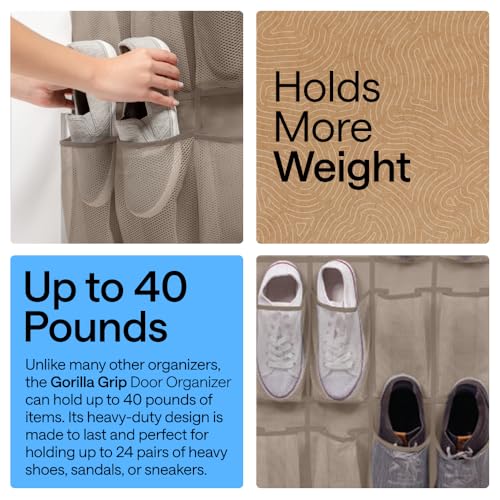 GORILLA GRIP Over the Door Shoe Organizer, 24 Large Breathable Mesh Pockets, Space Saving Hanging Storage Holder, Closet Rack Hanger Holds Up to 40 lbs, Hangs on Closets for Shoes, Accessories, Beige - color: Beige, size: 24 Pockets/4 Hooks