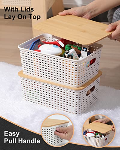 EOENVIVS Plastic Storage Baskets with Bamboo Lids for Pantry Organization and Storage Containers Bins for Shelves Drawers Desktop Closet Playroom Classroom Office Home, 6 Pack,White - color: White