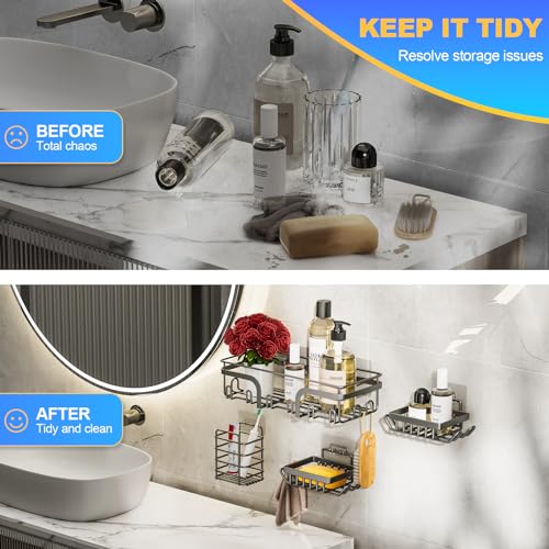 5 Pack Adhesive Shower Caddy, No Drilling Shower Shelves, Rustproof Stainless Steel Bath Shower Organizers, Large Capacity Shower Rack for Bathroom Storage & Home