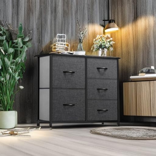 YITAHOME Dresser for Bedroom with 5 Drawers, Wide Bedroom Fabric Dresser with Storage Bins, Clothes Cabinet for Bedroom, Living Room, Hallway, Black Grey - color: Black Ash, style: 5-Drawer