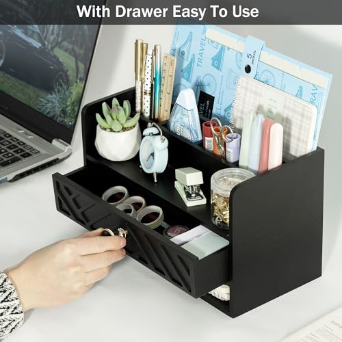 dreampossible Black Wood Desk Organizer and Accessories with Drawer, Bill Mail Organizer and File Mail Holder for Office Supplies, Desk Accessories & Workspace Organizers for Desk Organization - color: Black