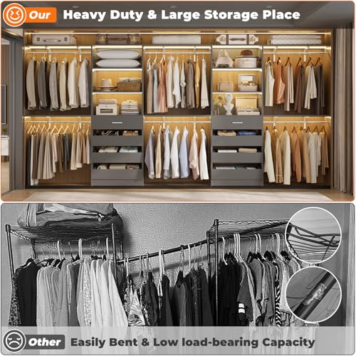 Aheaplus Closet System with Drawers Set of 2, Wood Closet Organizer System with 8 Hanging Rods & Top Shelves, Walk-in Closets Organizer Wardrobe Clothes Rack System, Cut Fits Spaces 4-9FT. Wide, Grey - color: Grey-2Sets