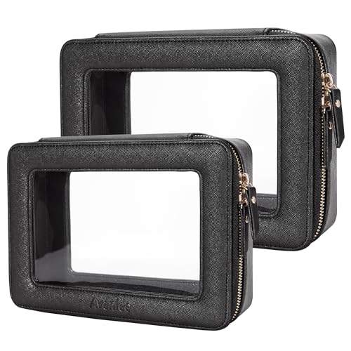 Aveniee Clear Makeup Bag Set,Portable Travel Toiletry Bag Cosmetic Case for Women,Vegan Leather Make Up Pouch Organizer Car Bag for Essentials 2pcs,Middle & Large,Black - color: Black, style: Double Style