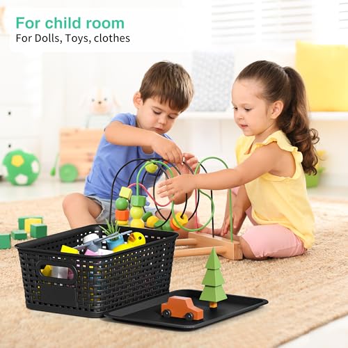 8-Pack Black Plastic Storage Baskets with Lids, Label Organizers, Stackable Organizer Containers: For Organizing Shelves, Drawers, Desk Closets, Playrooms, Classrooms, Offices - color: Black