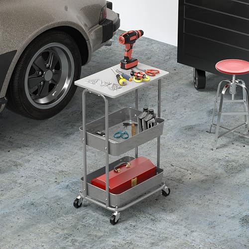 Simple Houseware 2-Tier Rolling Utility Cart with Lockable Wheels and Wood Top, Metal Storage Organizer Trolley for Kitchen, Bathroom, Office, Craft Room, White - color: White