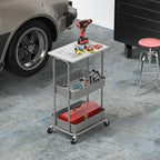 Simple Houseware 2-Tier Rolling Utility Cart with Lockable Wheels and Wood Top, Metal Storage Organizer Trolley for Kitchen, Bathroom, Office, Craft Room, White - color: White