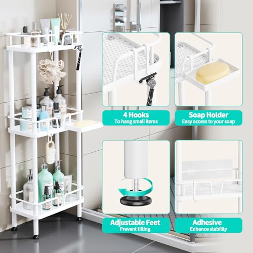 HapiRm Standing Corner Shower Caddy - 3 Tier Corner Shower Organizer with Soap Holder, Rustproof Stainless Steel Bathroom Shelf with 4 Hooks, White - color: White