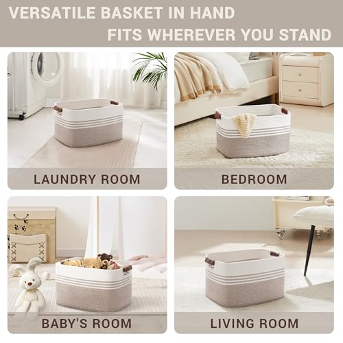 45L Small Laundry Basket with Leather Handles for Living Room Storage, Woven Rope Baskets Bin for Blanket, Kids Toy, Gifts, Wicker Hamper for Bedroom Dirty Clothes, 18"x14"x11" White Brown - color: Brown, size: 45L
