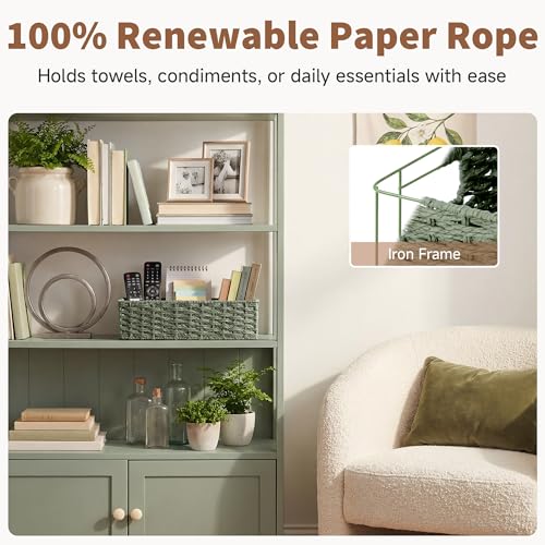 StorageWorks Small Wicker Toilet Basket Tank Topper with Built-in Handles, Toilet Paper Baskets for Back of Tank, Paper Rope Bathroom Basket Organizer and Storage for Sage Green Bathroom Decor, Green - color: Green