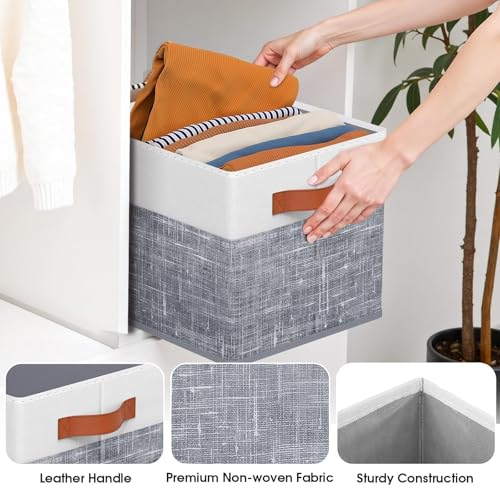 Fab totes Collapsible Storage Baskets for Shelves,14"x10", 4 Pack Foldable Fabric Storage Bins with Double Leather Handles, Large Baskets for Organizing Books, Clothes, White & Grey - color: Grey, size: 4pack
