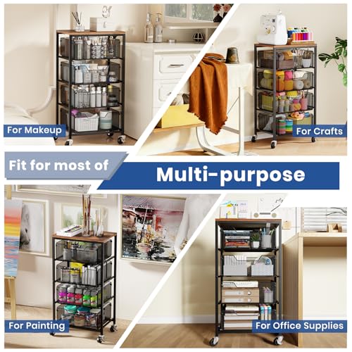 Goovilla Kitchen Cart with Drawers, 4 Tier Metal Rolling Utility Cart Organizer on Lockable Wheels with Wooden Top, Black Fruit Vegetable Storage Rack Also for Cans, Snack, Craft, Art, Office, Beauty - size: Black