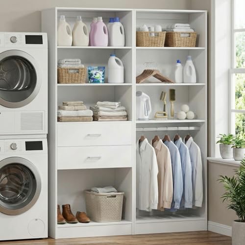 VOWNER 50'' Freestanding Closet System with Drawers & Adjustable Shelves & Rod, Wood Walk in Closet Organizer System, Shelving Unit, Garment Rack, Armoire Wardrobe Closet Bedroom White, BC - color: White