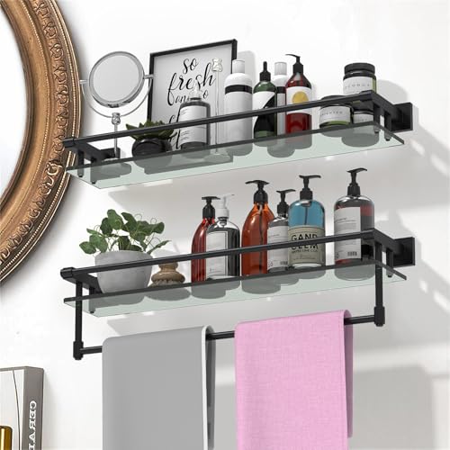 Glass Shelves for Bathroom with Towel Bar/Rack 24" Tempered Glass Shelves with Stainless Steel Towel Holder for Wall Shelf Sink Over Toilet (Matte Black) - color: Matte Black, size: 24-inch with Railing