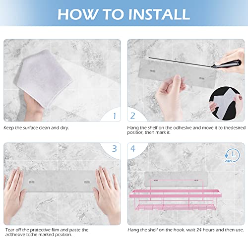 Durmmur 2 Pack Adhesive Shower Caddy Organizer with Hooks, Rustproof No Drilling Wall Mounted Storage Shelf Rack for Inside Shower/Bathroom/Kitchen (Pink) - color: Pink