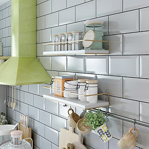 Shario White Floating Shelves - Set of 2, Wall Mounted Hanging Shelves with Golden Towel Rack, Decorative Storage Shelves for Bathroom, Kitchen, Living Room & Bedroom (White Gold, 15.7 Inches) | Hanging Shelves - color: White Gold